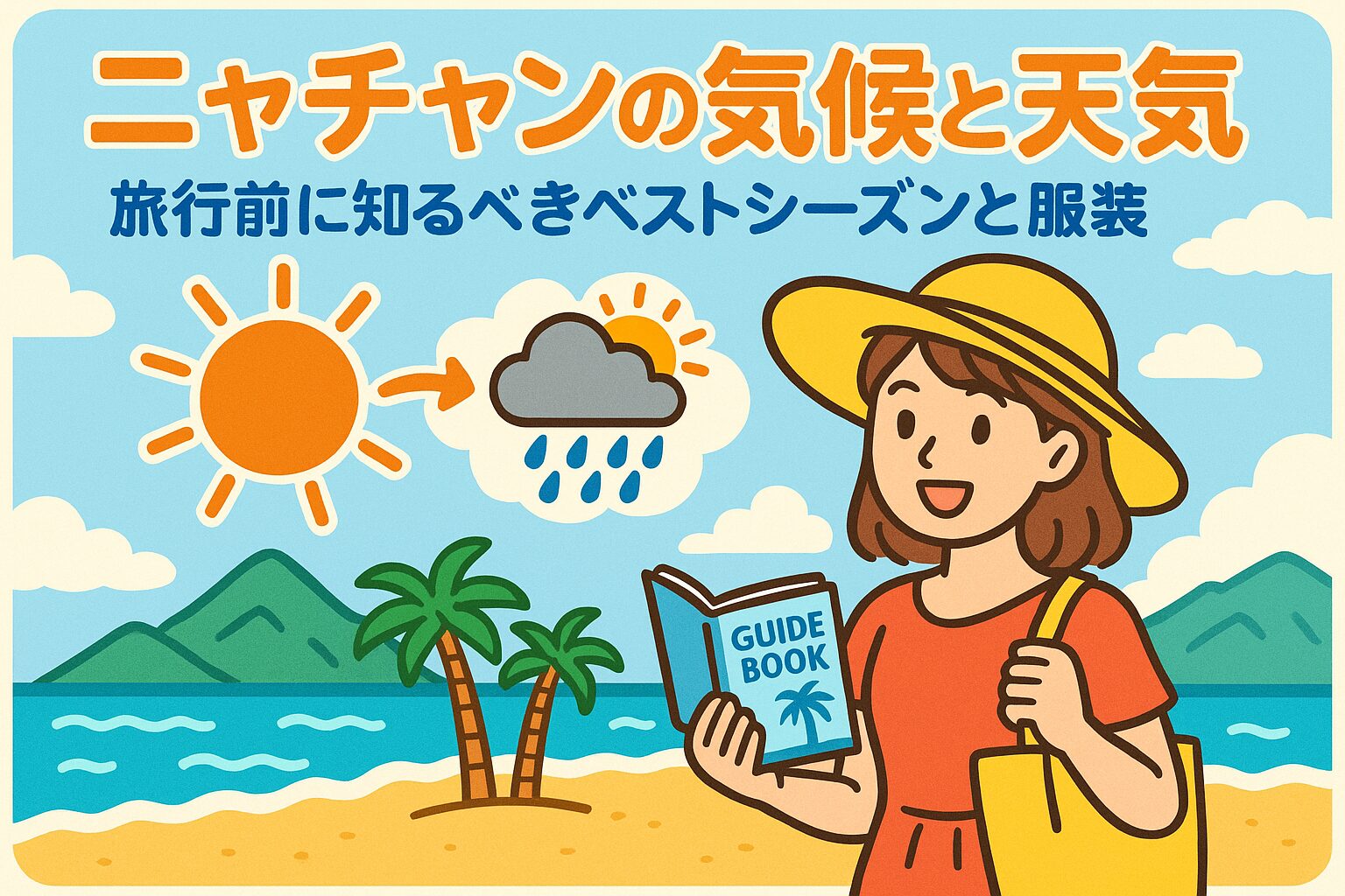 ニャチャンの気候を紹介するポップなイラスト。晴れや雨の天気アイコン、南国のビーチ、ガイドブックを持つ女性旅行者が描かれている