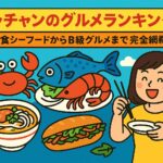 ニャチャンのグルメを象徴するシーフードやバインミー、フォーなどの料理がポップなイラストで描かれた、楽しそうに食事をする女性が登場するカラフルなトップ画像