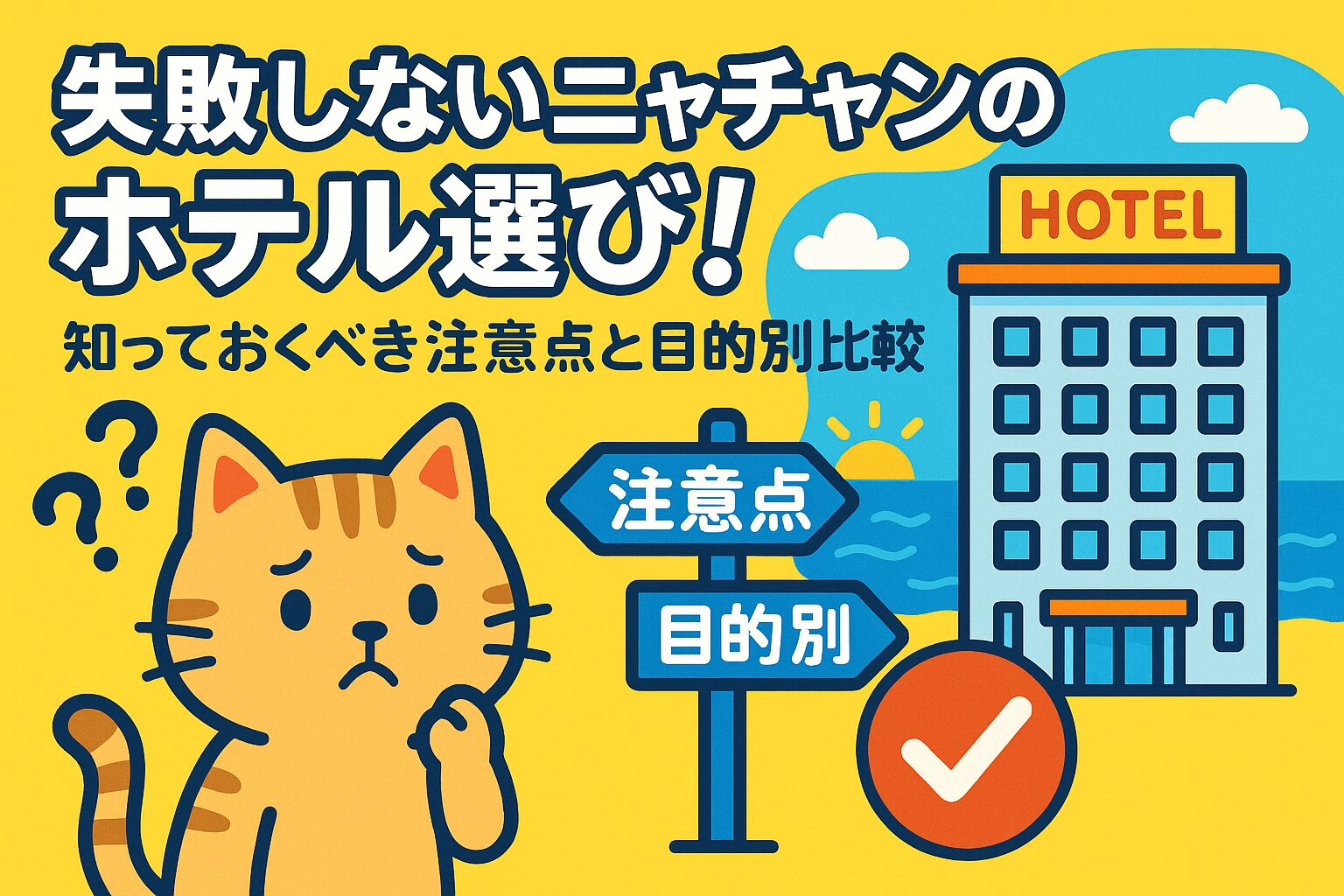 ニャチャンのホテル選びに悩む猫のイラストと、注意点や目的別に選べる案内標識、海辺のホテルが描かれたポップなイメージ