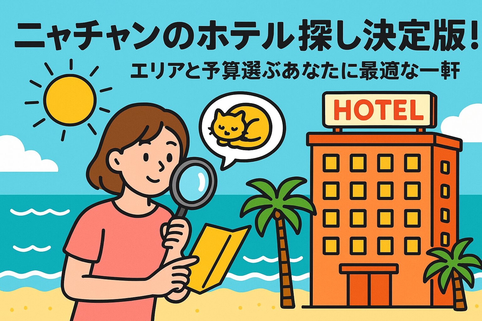 ニャチャンのビーチ沿いでホテルを探す女性のポップなイラスト。背景には青い海とヤシの木、明るいオレンジ色のホテルが描かれており、『ニャチャン ホテル』選びのイメージにぴったりの構図。