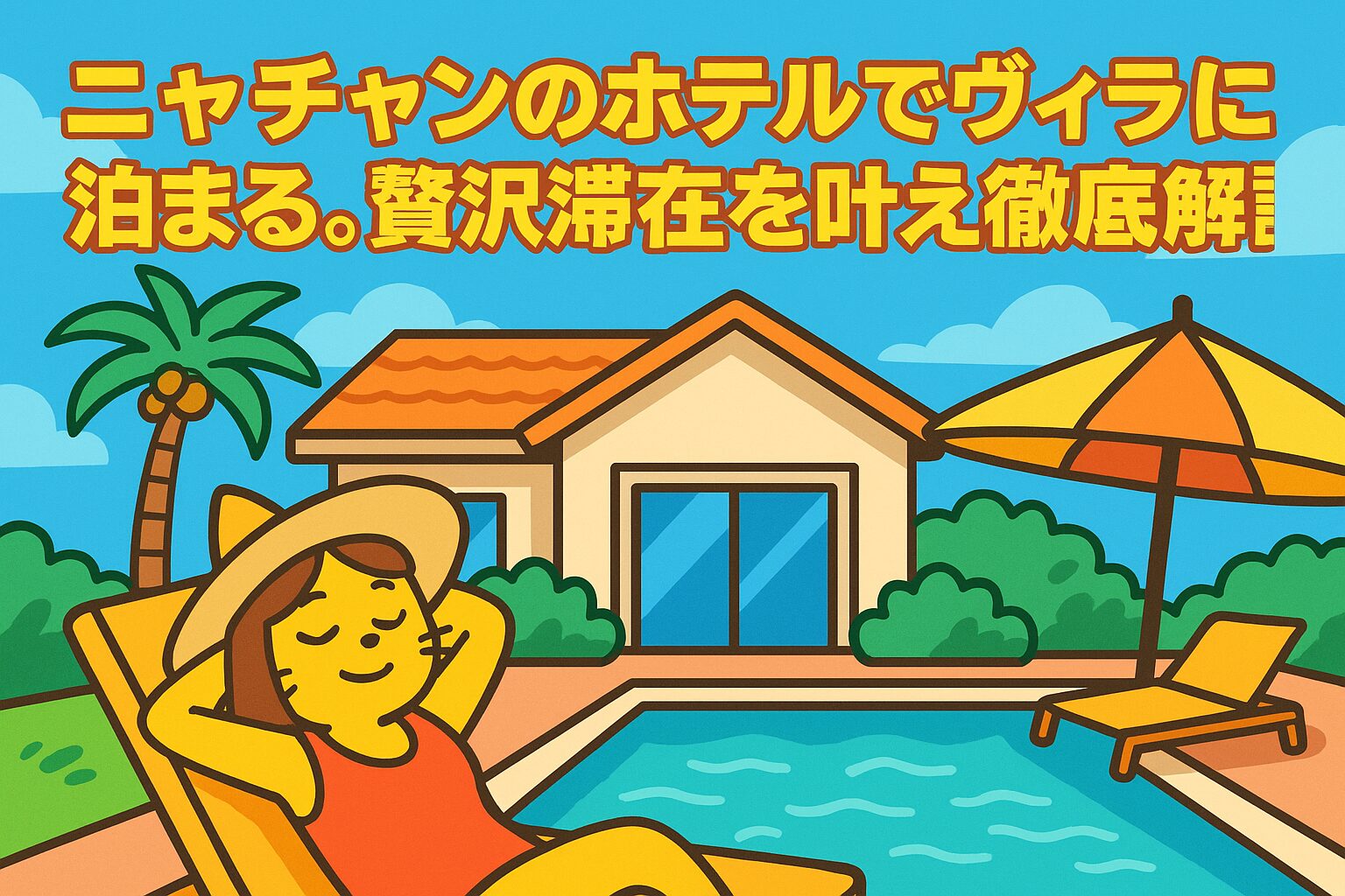 ニャチャンのホテルでヴィラに滞在し、プールサイドでリラックスする女性のポップなイラスト