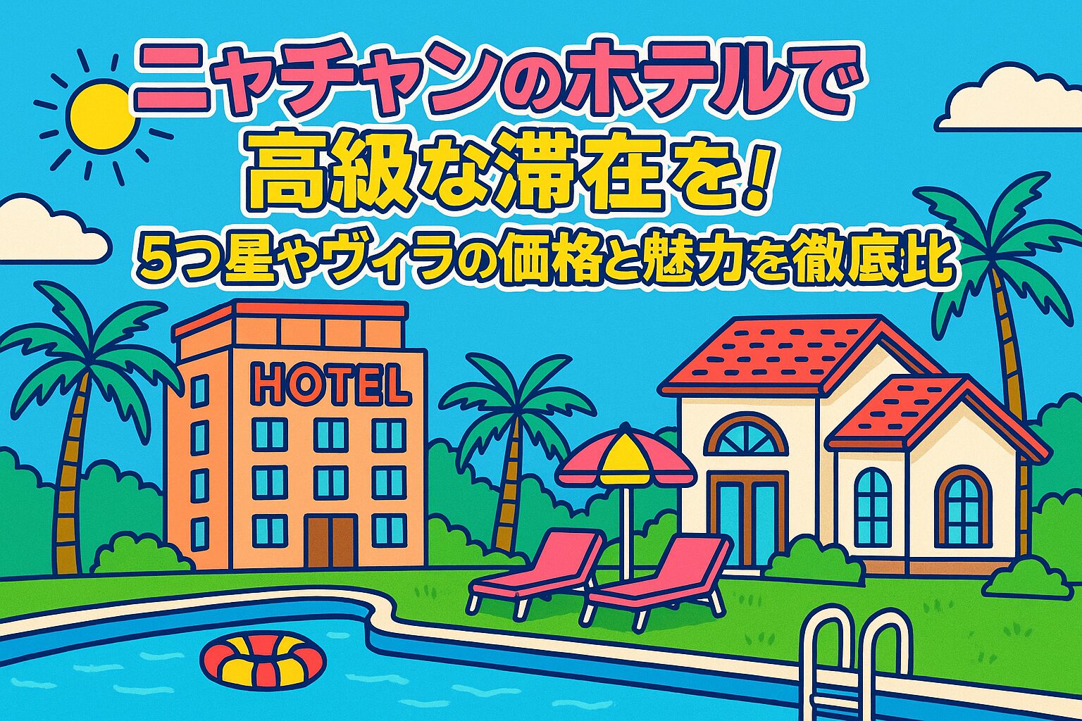ニャチャンのホテルで高級な滞在をイメージしたポップなイラスト。5つ星ホテルとヴィラ、プールサイドのリゾート風景が描かれており、南国の開放感とラグジュアリーな雰囲気を表現している。