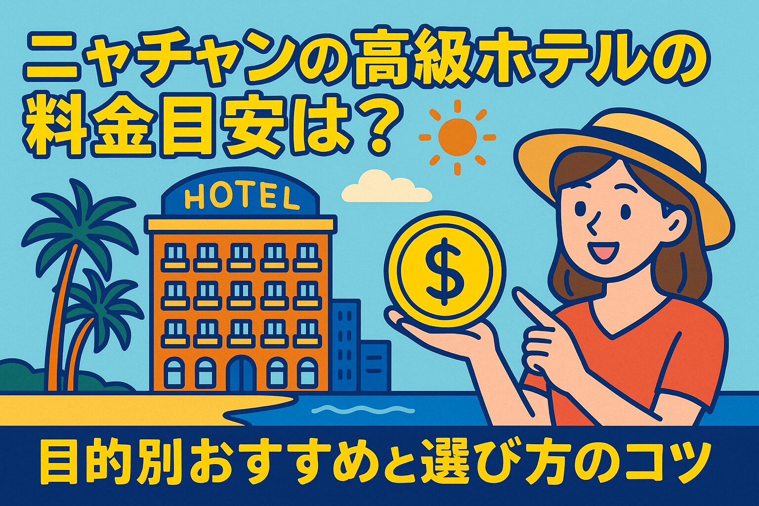 ニャチャンの高級ホテルの料金目安を解説する、ビーチとホテルを背景にしたポップなイラスト。笑顔の女性が金貨を手に持ち、旅の予算を考える様子が描かれている。