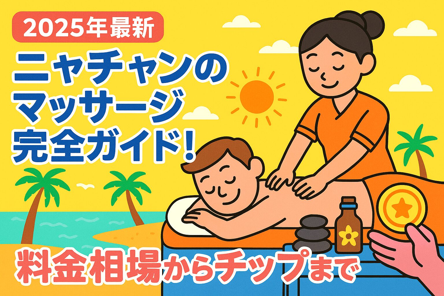 ニャチャンのマッサージを受ける男性と、笑顔で施術するベトナム人女性セラピストを描いたポップなイラスト。背景には南国のビーチやヤシの木、チップを渡す手も描かれており、ニャチャンのマッサージ文化を楽しく紹介するデザイン。