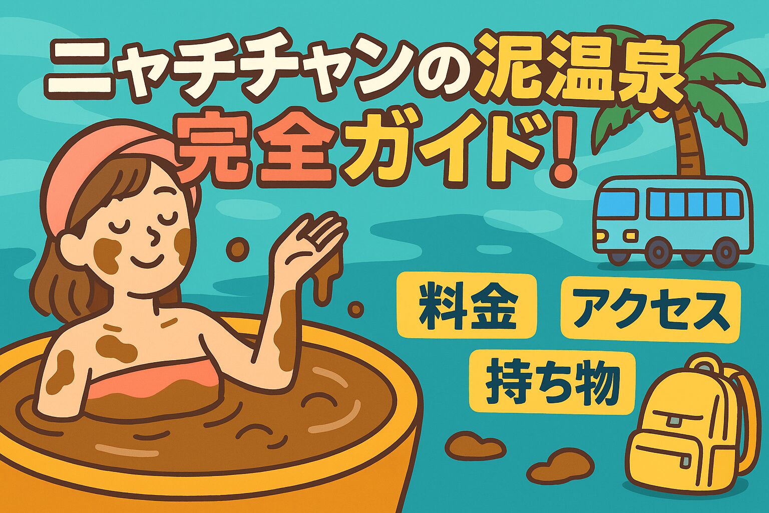 ニャチャンの泥温泉を楽しむ女性のポップなイラスト。料金・アクセス・持ち物の情報を示すアイコンや文字が描かれた、ガイド記事向けのカラフルなデザイン。