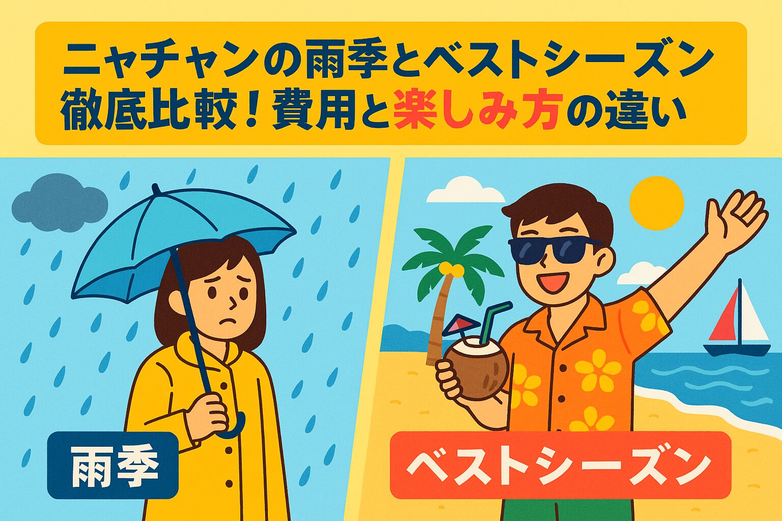 ニャチャンの雨季とベストシーズンを対比したポップなイラスト。左側には雨の中で傘を差す女性、右側には晴天のビーチでココナッツドリンクを楽しむ男性が描かれており、ニャチャンの雨季と乾季の過ごし方の違いを表現している。