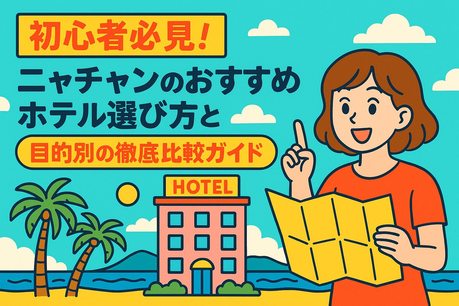 地図を手にした女性がニャチャンの海辺にあるホテルを指さしているポップなイラスト。ニャチャンのおすすめホテルの選び方を初心者向けに紹介するガイドのイメージ画像。