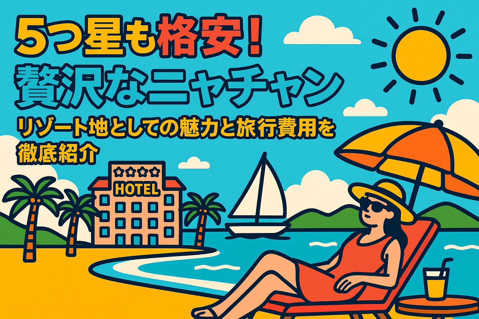 ニャチャン リゾートのビーチで女性がサングラスと赤いワンピース姿でくつろぐ様子。背景には5つ星ホテルやヨット、青空と太陽が描かれたポップなイラスト