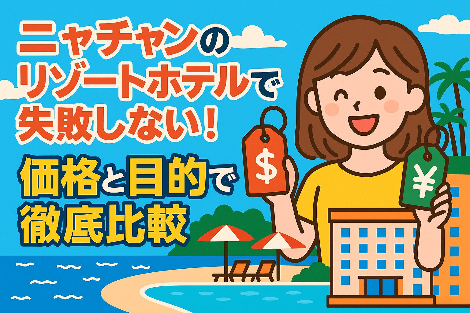 ニャチャンのリゾートホテル選びをテーマに、女性が価格タグを手に持ちながら笑顔で比較するポップなイラスト。背景にはビーチとホテルの建物が描かれ、楽しげな雰囲気でニャチャンのリゾートホテル選びのイメージを表現。