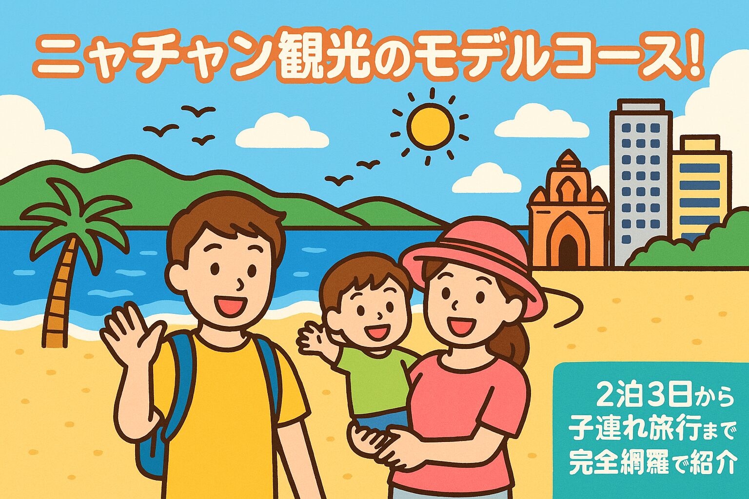 家族が笑顔でビーチを楽しむポップなイラスト。背景にはニャチャンの観光名所であるチャム塔や高層ビルが描かれ、ニャチャン観光の楽しさを表現している。