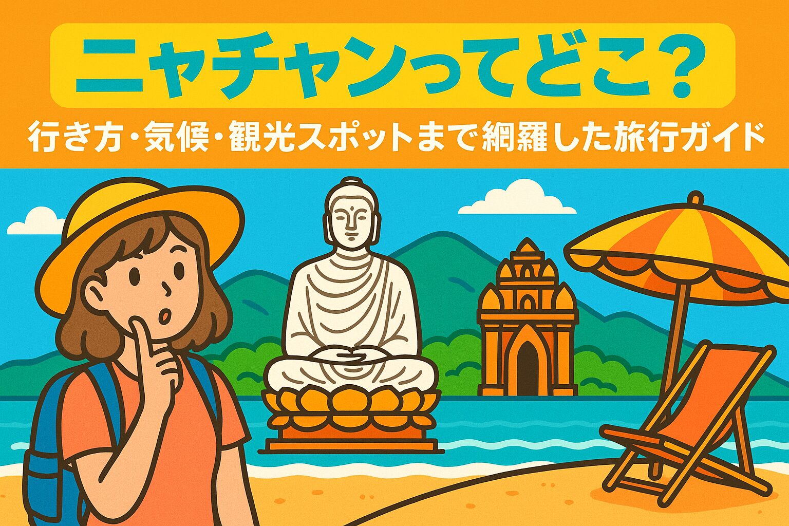 ニャチャンってどこ?と疑問に思う女性旅行者がビーチで観光地を背景に考えているポップなイラスト。背景には大仏像やチャム塔、ビーチパラソルなどニャチャンの代表的な観光スポットが描かれている。