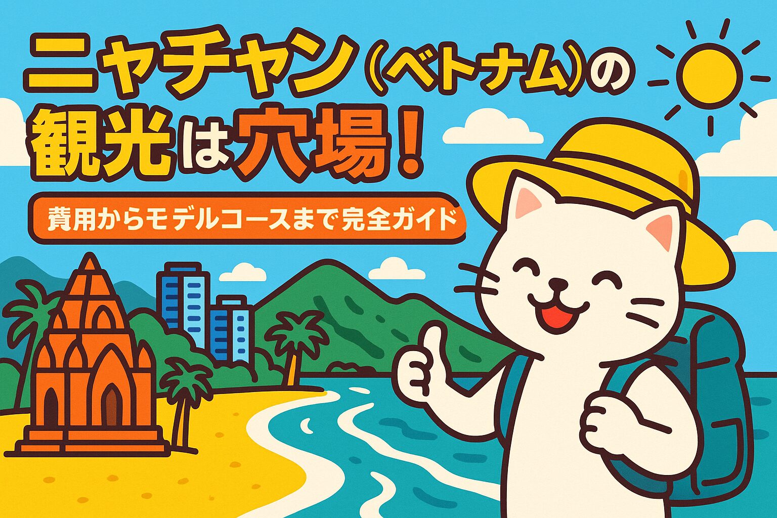 ニャチャン(ベトナム)の観光を楽しむ猫のキャラクターが、青い海と砂浜、歴史的建造物やリゾート都市を背景に親しみやすく描かれたポップなイラスト