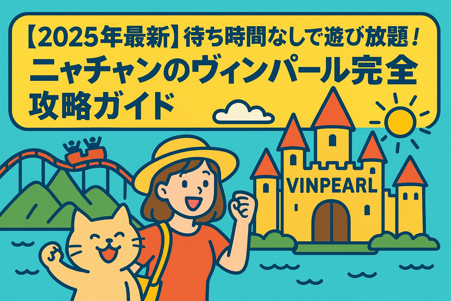 ニャチャンのヴィンパールを背景に、観光客の女性と猫のキャラクターが笑顔でポーズをとるポップなイラスト。遊園地の城やジェットコースター、山と海が描かれた明るく楽しい雰囲気の画像。