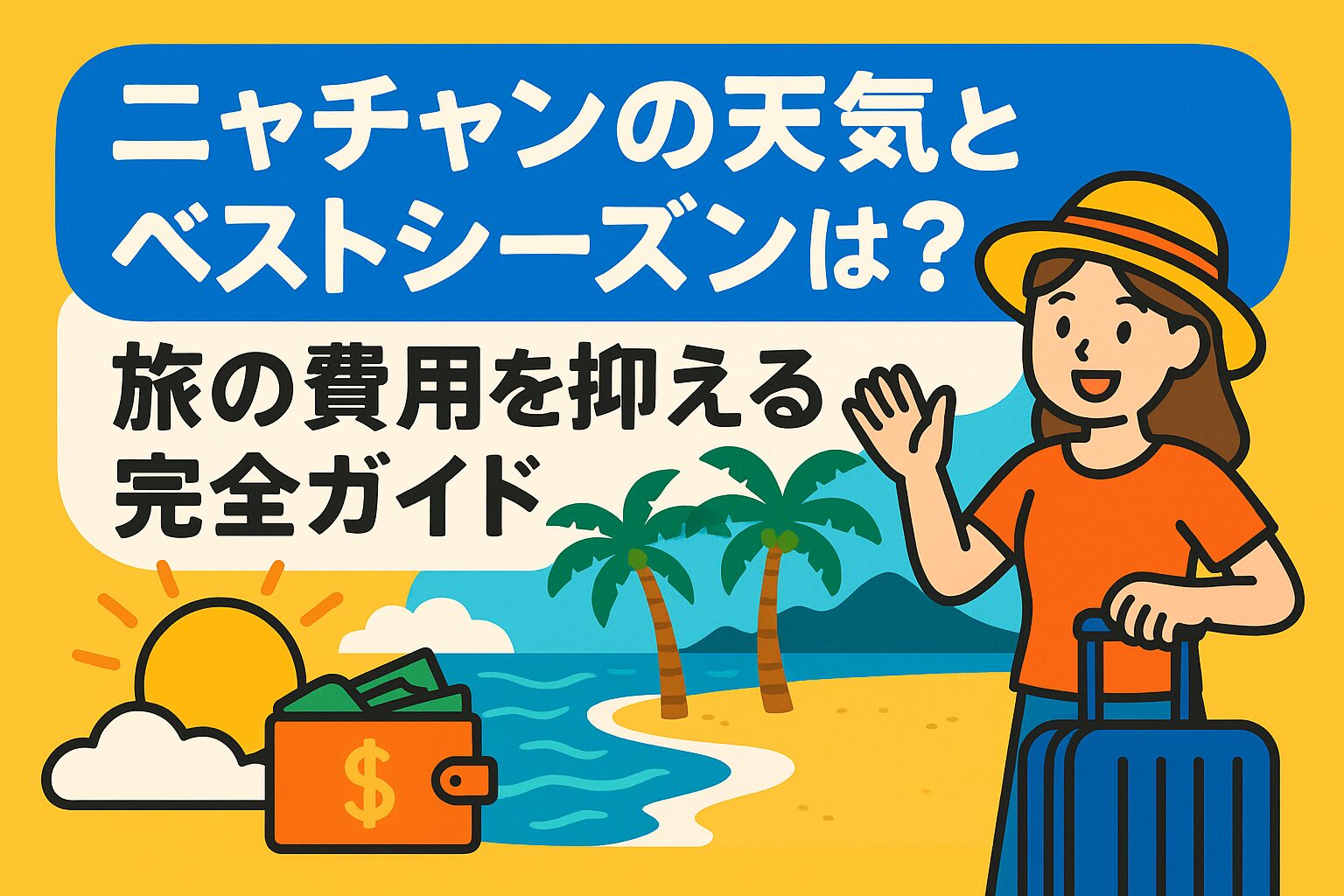 ニャチャンの天気やベストシーズン、旅行費用の節約術を紹介するポップなイラスト。ビーチ、旅行者、スーツケース、財布、太陽などが描かれている。