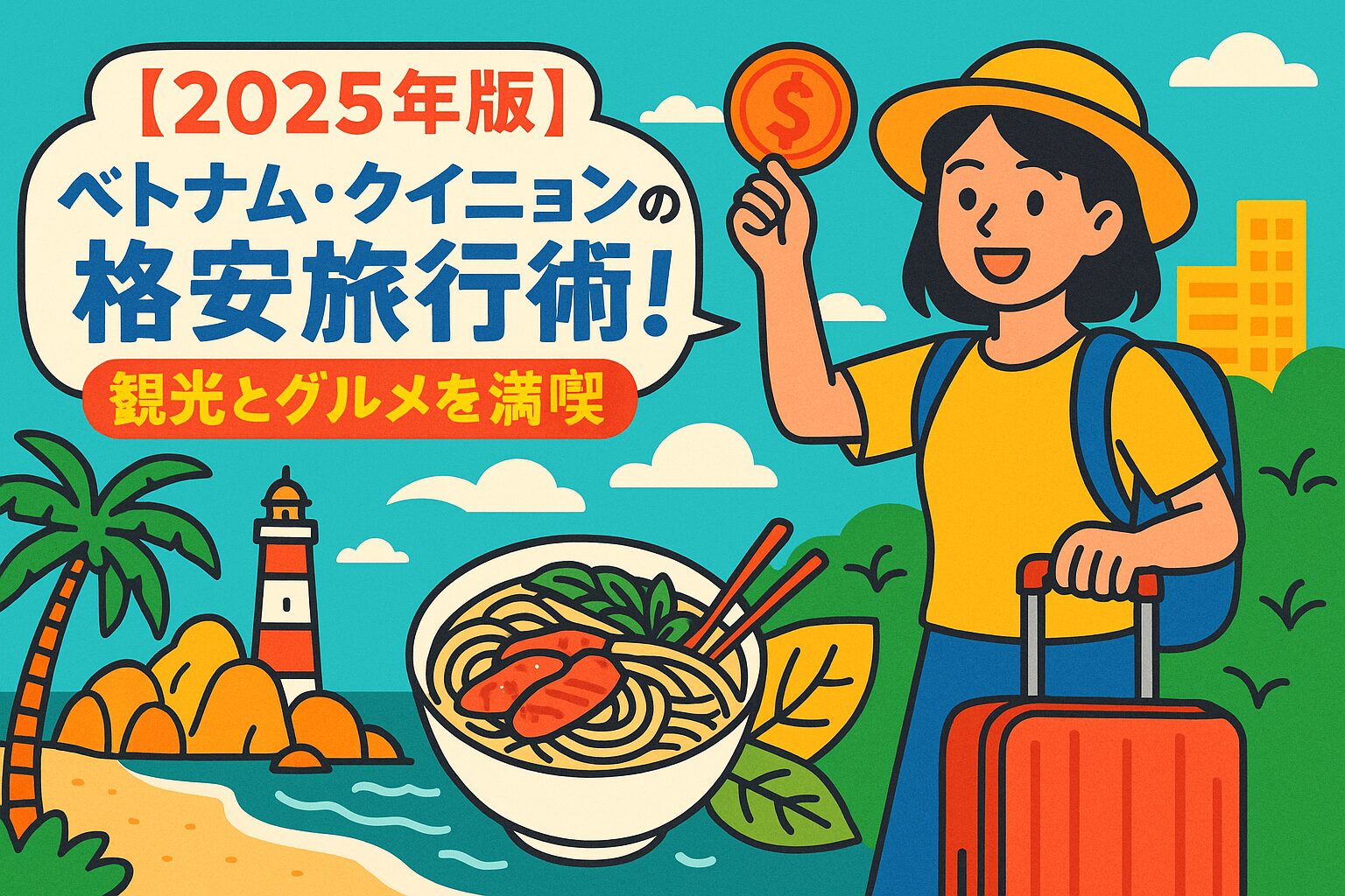 ベトナム・クイニョンで格安旅行を楽しむ女性観光客のポップなイラスト。海辺の灯台やフォー、旅行バッグなどが描かれ、観光とグルメの魅力が伝わるデザイン。