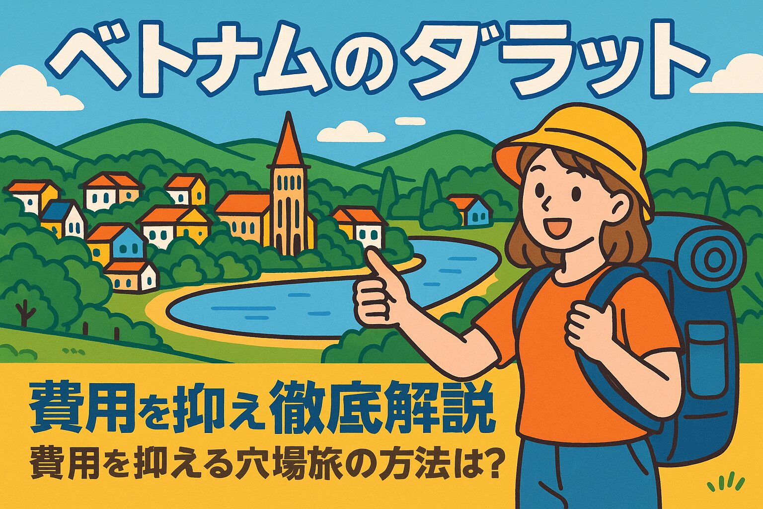ベトナムのダラットの自然豊かな風景と、バックパックを背負った女性旅行者を描いたポップなイラスト