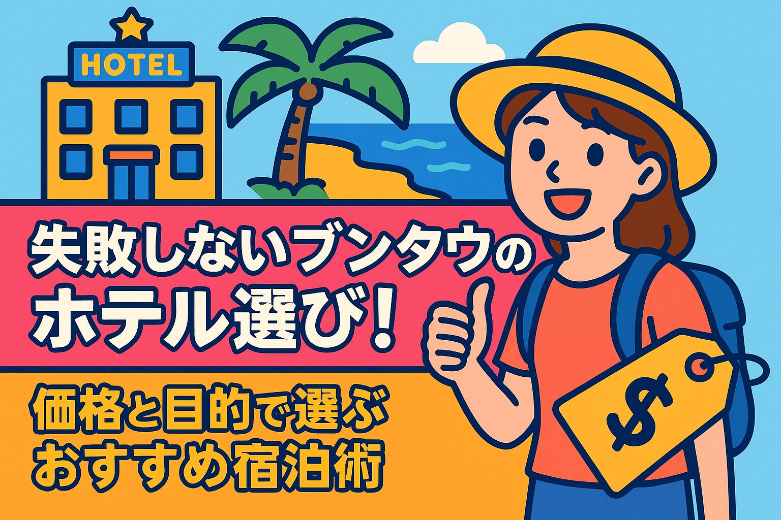 ポップなイラストで描かれた旅行者の女性とブンタウのホテル、背景に海とヤシの木があり、楽しい宿泊選びを表現したデザイン。