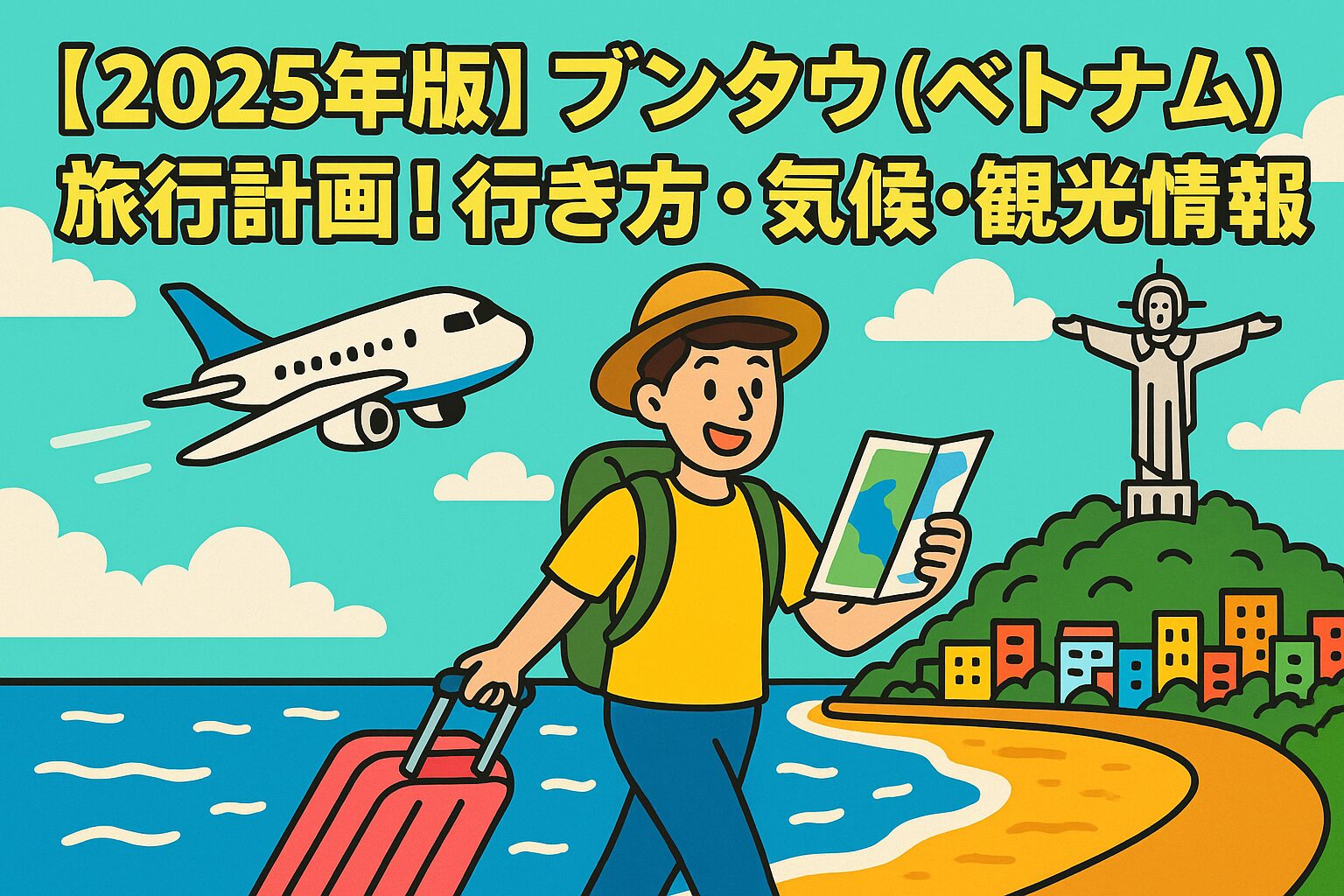 ブンタウ(ベトナム)旅行を楽しむ観光客が地図を持ちながら海辺を歩き、背景には飛行機とブンタウのランドマークであるキリスト像が描かれたポップなイラスト
