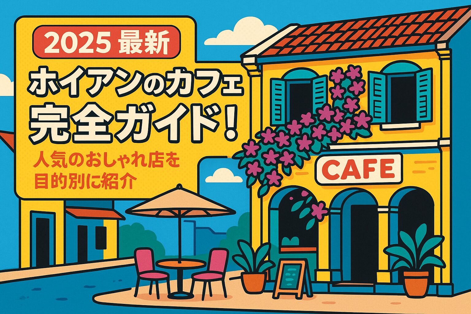 ポップなイラストで描かれたホイアンのカフェの街並みとおしゃれなカフェの外観、明るく賑やかな雰囲気の中に「2025年最新 ホイアンのカフェ完全ガイド」というタイトルが目立つように配置されたブログ用アイキャッチ画像。