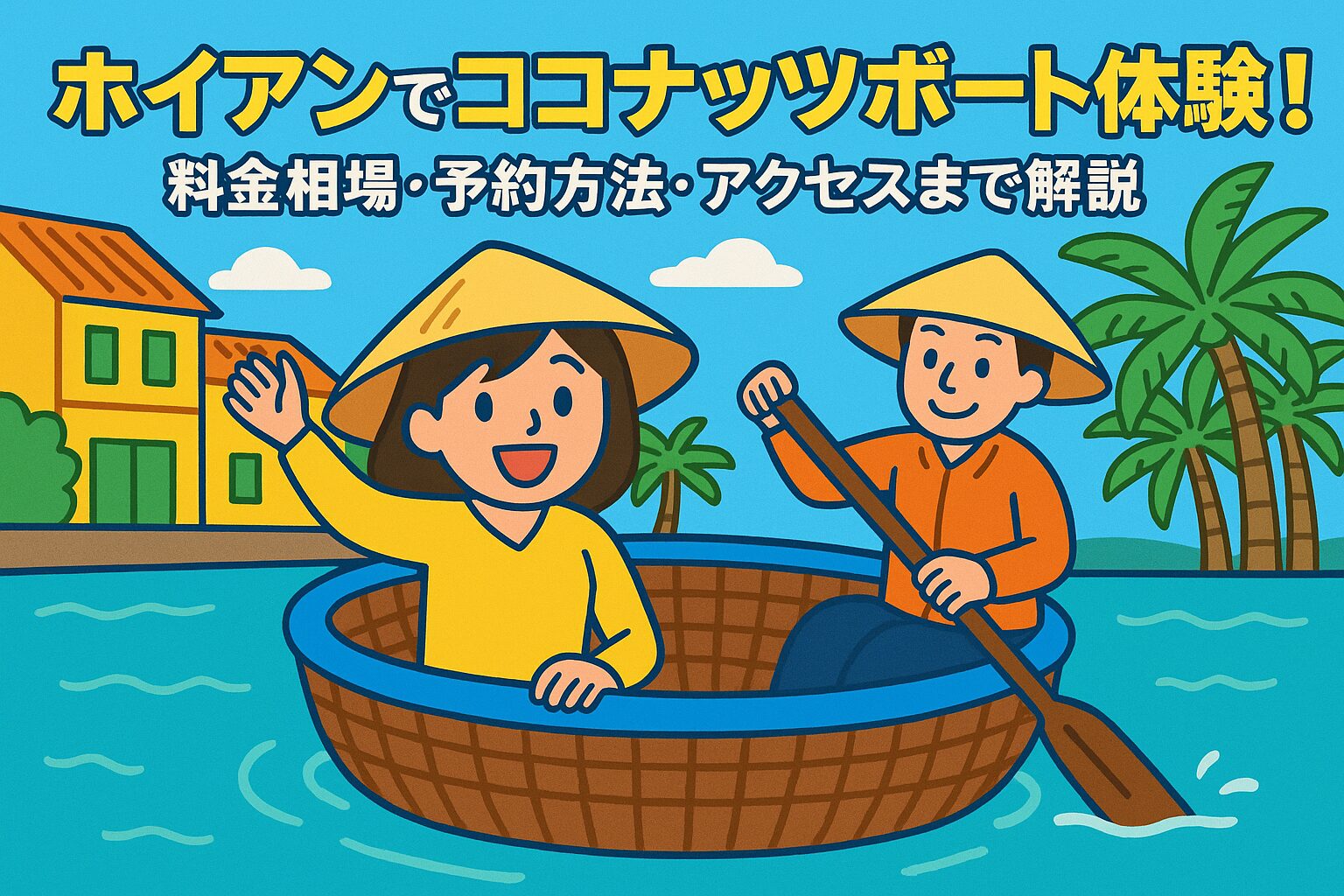 ホイアンでココナッツボートを楽しむ観光客と船頭を描いたポップなイラスト。背景には南国の風景とホイアンの伝統的な建物が描かれている。