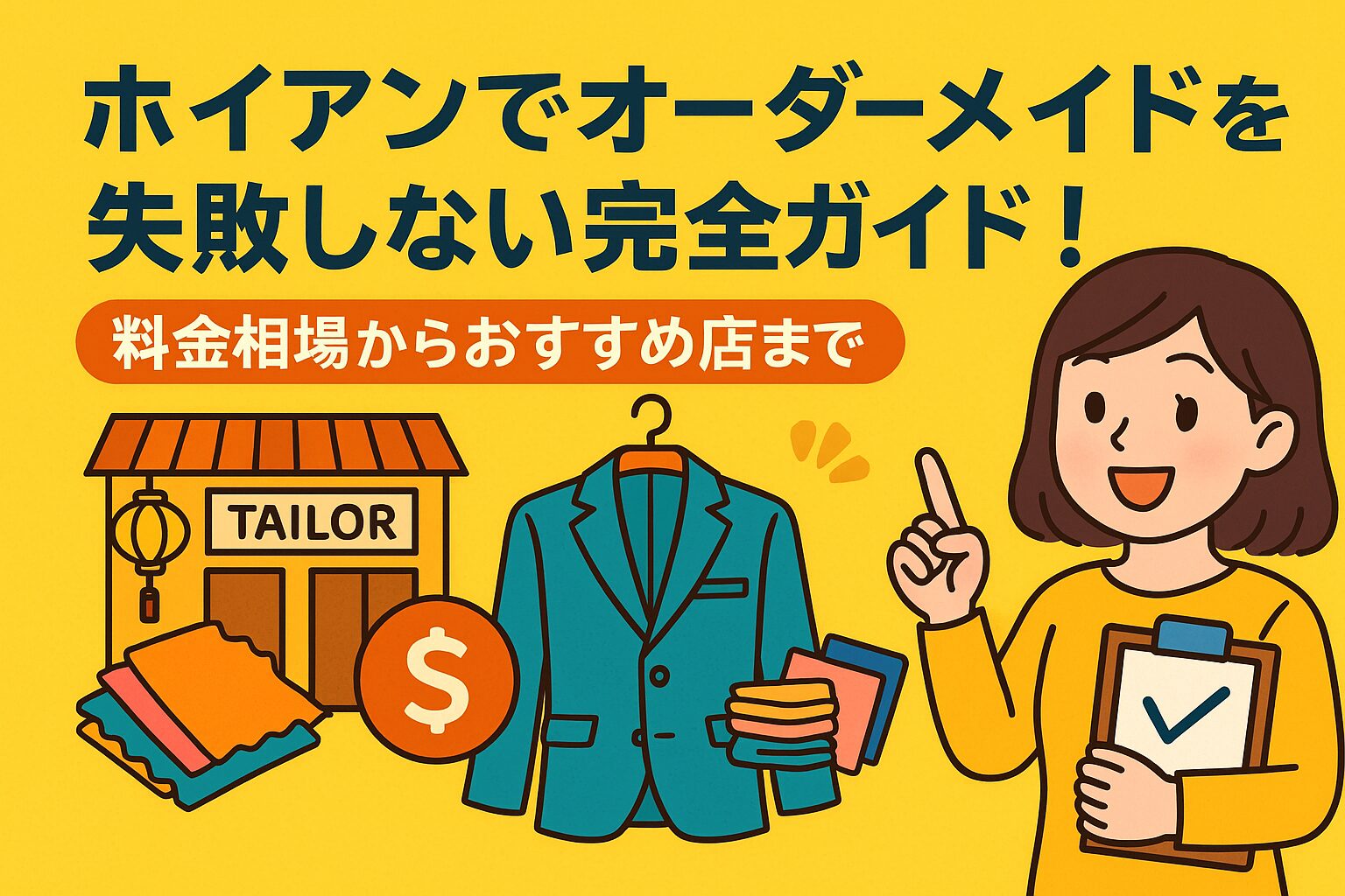 ホイアンでオーダーメイドをする女性が、テーラーショップやスーツ、布地を紹介しているポップなイラスト