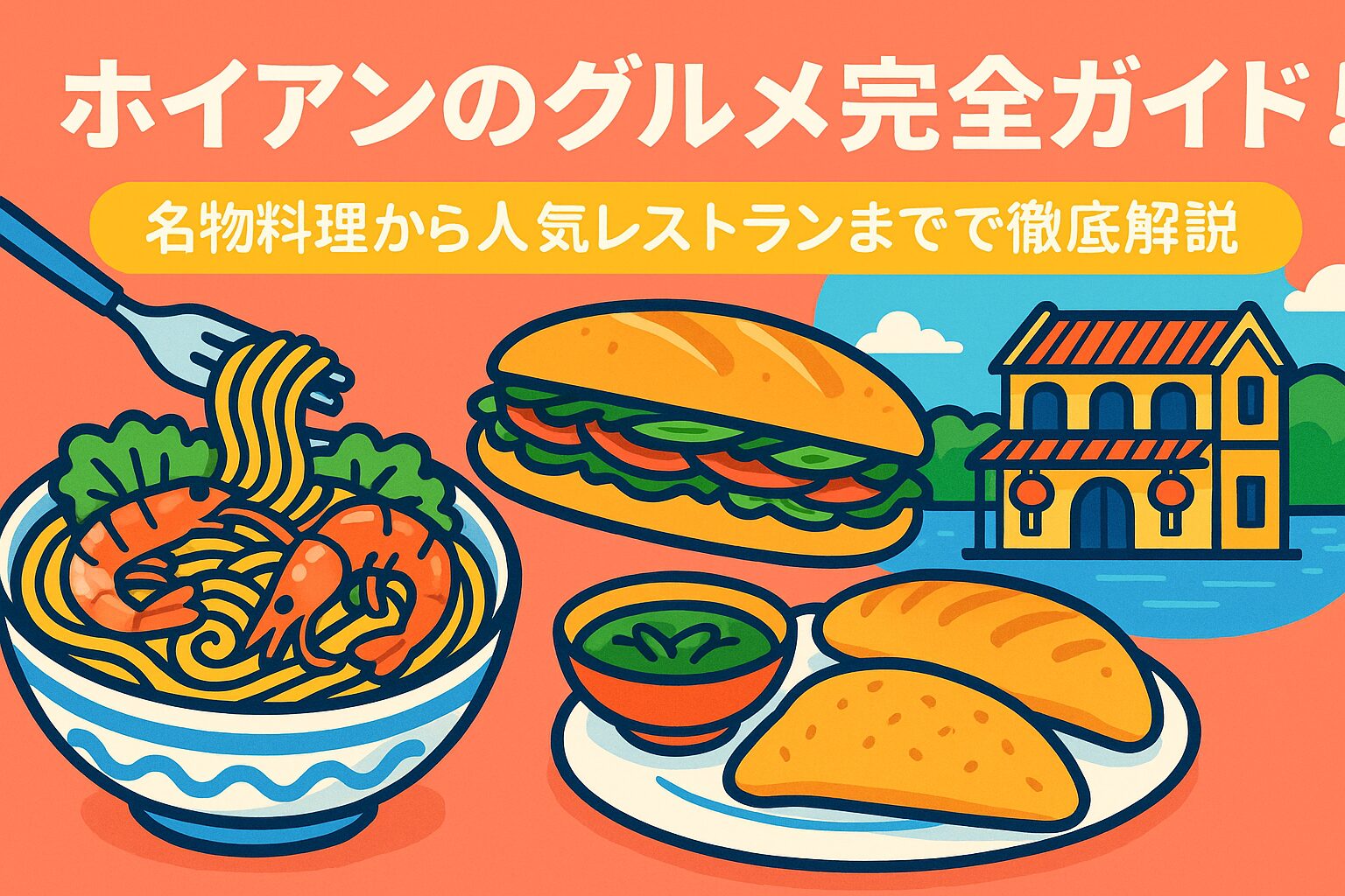 ホイアンのグルメを象徴する名物料理のイラスト。エビ入り麺料理、バインミー、揚げ餃子がポップなスタイルで描かれ、背景にはホイアンの街並みも表現されている。