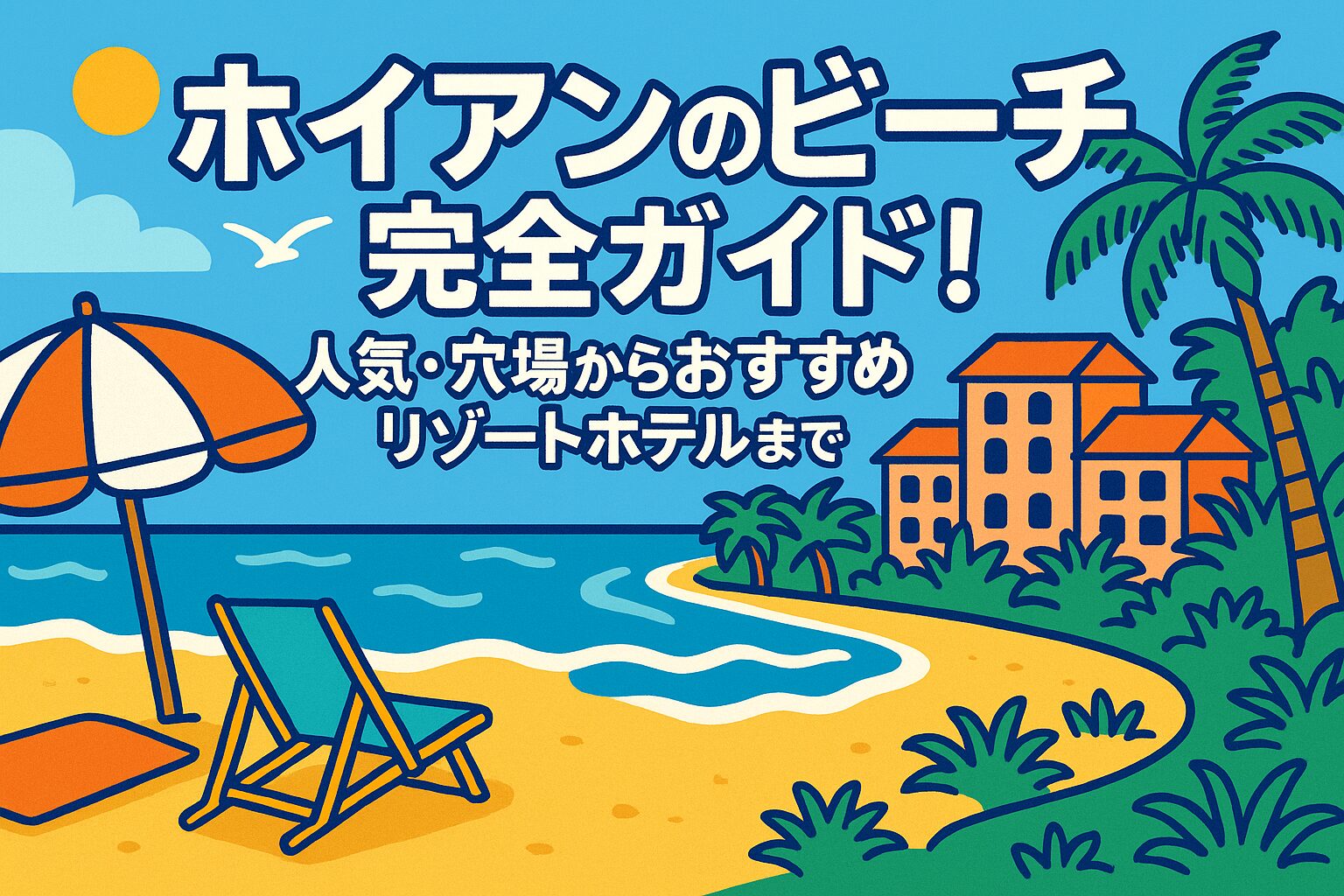 ポップなイラストで描かれたホイアンのビーチ。オレンジと白のパラソル、デッキチェア、椰子の木、リゾートホテルが並ぶ明るい海辺の風景。