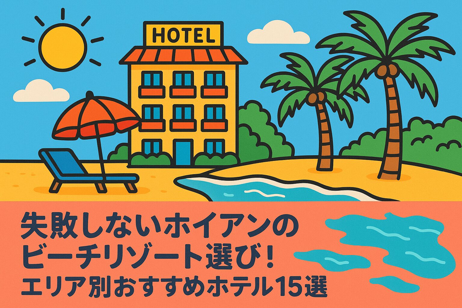 ポップなイラストで描かれたホイアンのビーチリゾートの風景。ホテル、パラソル付きのビーチチェア、ヤシの木、海辺が明るい雰囲気で表現されている。