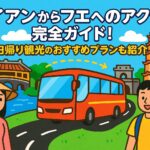 ホイアンからフエへの移動をイメージしたポップなイラストで、ホイアンの日本橋や女性観光客、赤いバス、そしてフエの寺院と男性旅行者が描かれているブログ記事用アイキャッチ画像