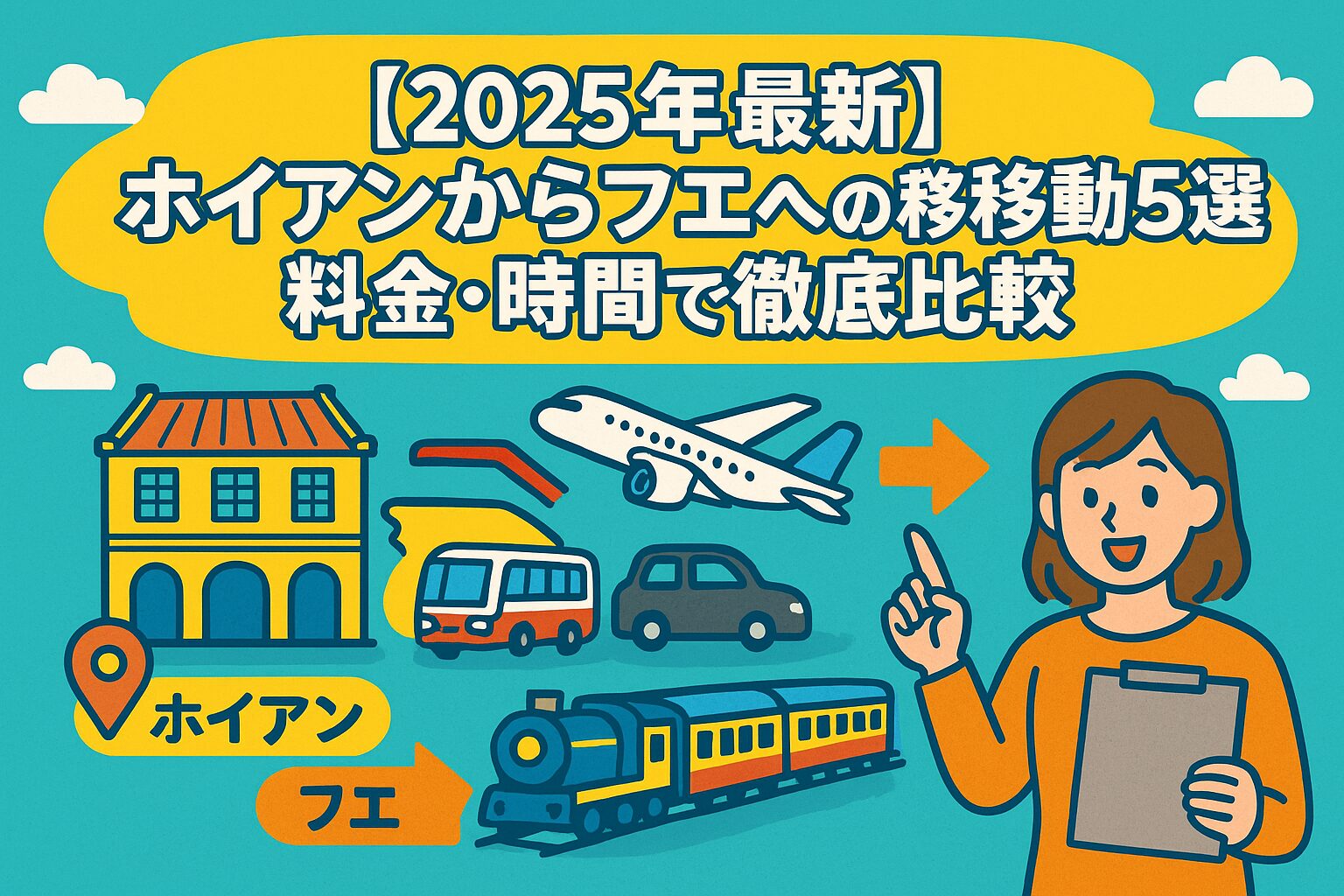 2025年最新のホイアンからフエへの移動方法を紹介するポップなイラスト画像。飛行機、バス、車、電車などの交通手段と観光客風の人物、ホイアンの街並みとフエを示すアイコンが描かれている。