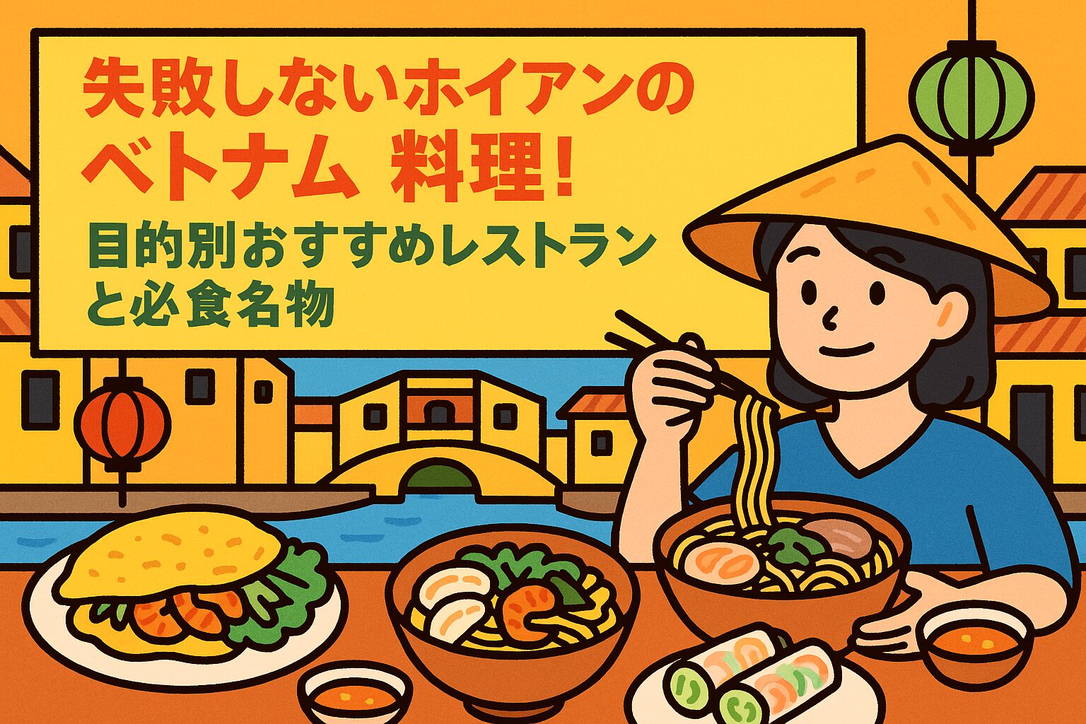 ホイアンのベトナム料理を楽しむ女性のポップなイラスト。カオラウやフォー、生春巻き、バインセオなどの名物料理と、黄色い建物やランタンが並ぶホイアンの街並みが背景に描かれている。